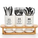 Fasmov Flatware Holder, 3 Pack Silverware Caddy with Bamboo Rack, Utensil Holder Ceramic Flatware Caddy White Ceramic Cutlery Organizer for Forks, Spoons, Knives
