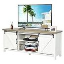 COSTWAY Farmhouse TV Stand for TVs up to 60 Inches, Wooden TV Cabinet Media Entertainment Center with Sliding Barn Door and Storage Shelves, TV Console Table for Living Room Bedroom (White)