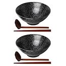 Kanwone Ceramic Japanese Ramen Bowl Set, Noodle Soup Bowls - 37 Ounce, with Matching Spoons and Chopsticks for Udon Soba Pho Asian Noodles, Set of 2, Black
