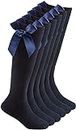 COSHAL® 3 Pairs Girls Knee High School Cotton Socks with Fluffy Ribbons Bow Back to School Socks Uniform Party Comfort Fit Socks Stocking Girls Knee High Kids School Socks Size (4-6) Navy