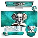 LIMKRIAN Desk Mat Desk Pad, Large Gaming Mouse Pad with Wrist Rest Wrist Support, Ergonomic Mouse Pad Keyboard Mat Wrist Rest, Cup Coaster, Home Office Desk Accessories Decor Supplies, Cute Elephant