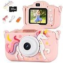 Sivomens Kids Camera for 3-12 Years Old Boys Girls, 48MP Kids Digital Camera 1080P Video Recorder Game Camera Toy with Silicone Protective Cover 32GB SD Card Dual Lens Selfie Mode for Kids Gift, Pink