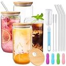Xsiuyue Glass Cups with Bamboo Lids and Straws 4 Pack, Iced Coffee Cup, 16oz/480ml Can Shaped Drinking Glasses, Clear Glass Tumbler for Beer, Cocktail, Milk, Ice Water, Juice, Coffee, Gift