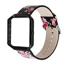 AsohsEN Correa de flores para mujeres Fitbit Blaze, pulsera de repuesto de cuero suave auténtico, marco de metal para Fitbit Blaze Smart Fitness Watch (negro, rosa + negro)
