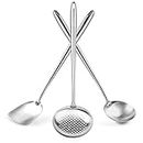 Yosukata 43 cm Wok Spatula and Ladle Skimmer Spoon - Stainless Steel Cooking Utensils Set of 3-304 Stainless Steel Kitchen Utensils Set - Dishwasher Safe Wok Accessories - Wok Utensils Cooking Tools