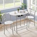 VECELO 3-Piece Dining Table Set for Kitchen Breakfast Nook, Wood Grain Oval Tabletop and Metal Frame with Built-in Wine Rack, for Small Spaces, 31.5", White & Silver