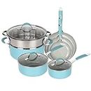 Gr8 Home Blue and Dove Grey 10 Piece Induction Cookware Set Non Stick Cooking Pot Steamer Frying Pan Saucepan Kitchenware with Lids