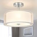 DLLT 3-Light Modern Semi Flush Mount Ceiling Light Fixture, 12.6’’ Drum Light with Double Fabric Shade, Brushed Chrome Close to Ceiling Lights for Living Room Dining Room Bedroom Hallway Entry Foyer