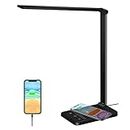 LED Desk Lamp with Wireless Charger, USB Charging Port, Table Lamp with 6 Brightness Levels & 5 Lighting Modes, Touch Control, Auto-Off Timer, Dimmable Eye-Caring Desk Light with Adapter, Black