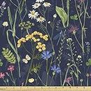 Lunarable Paint Fabric by The Yard, Botanical Beauty Floral Garden Daisy Magnolia Peony Lily Bloom Butterfly, Decorative Fabric for Upholstery and Home Accents, 1 Yard, Night Blue