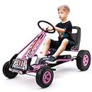 DORTALA Go Kart for Kids, 4 Wheel Off-Road Pedal Powered Go Cart with 2-Position Adjustable Bucket Seat, Safety Brakes, EVA Rubber Tires, Outdoor Ride On Racer Pedal Car for Boys & Girls (Pink)