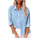AMhomely Women's Tops Party Elegant Short/Long Sleeve For Work UK Cotton Linen Blouse Button Down Casual T Shirts Business Office Tunic With Breast Pocket Oversized Plus Size Light Blue XXL