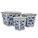 Galt International Blue & White Floral Porcelain Ceramic Decorative Flower Pot 8"/6"/4.5" Garden Pots Chinese Asian Design - Set of 3 Hexagonal