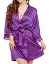 Lady Silk Satin  Robe Sleepwear Nightwear Kimono Gown Bathrobes Purple