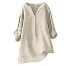 OSFVNOXV Womens Summer Linen T-Shirts V Neck Botton Loose Pullover Oversized Long Sleeve Tunic Tops Rrendy Blouse Shirts, Beige, 3X-Large