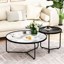 Set of 2 Nesting Coffee Table Round End Side Table for Living Room White＆Black