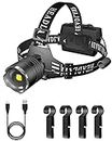 LED headlamp USB Rechargeable XHP190 Wick,100000 Lumens Super Bright 5 Modes LED Headlight with Red Warning Light,6600mAh Battery Waterproof Adjustable Head Lamp for Camping Running Fishing Outdoor