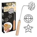 Tortillada – 4 Piece Set Bunuelos Mold with Wood Handle Rosette Maker Rosette Cookie Bunuelos Tool Aluminum Cast Waffle Molds Set with 3 Molds (Star Flower Circle) for Kitchen Baking Cooking