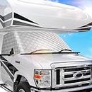 BougeRV RV Windshield Window Snow Cover for Class C Ford E450 1997-2024 Motorhome, Windshield Cover for Ice and Snow RV Front Window Sunshade Cover RV Accessories 4 Layers with Mirror Cutouts Silver