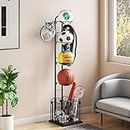 PEALOV Ball Rack,Ball Storage Rack,4 Stack Standing Ball Storage Holder,Sports Equipment Storage for Garage with Basket and Hooks Basketball Racks,Removable Vertical Display Stand for Ball Toy Storage
