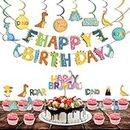 Festiko® Set of 28 Pcs Dino Theme Happy Birthday Combo (Banner, Swirls With Cutouts, Cake & Cupcake Toppers), Dino Theme Decorations, Birthday Decoration Items