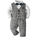 db11 Baby Boy Formal Outfits White Shirt + Plaid Waistcoat + Pants + Bowtie 4Pcs Gentleman Clothing Set for 1st Birthday (Grey, 18-24 M)