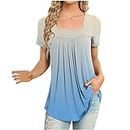 Womens Square Neck Tops Hide Belly Tunic Tees Summer Short Sleeve Blouse Flowy Pleated T-Shirt Casual Loose Floral T-Shirts