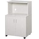 HOMCOM Microwave Cart on Wheels Utility Trolley Storage Sideboard Bookcase with 2-Door Cabinet, White Oak