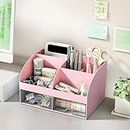 HOME CUBE Plastic Desk Organizer With Drawer Desktop Office Stationery Storage Box Desk Accessories Mobile Holder Table Organiser Study Table Office Table Desk Organizer (Pink)