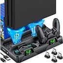 PS4 Stand Cooling Fan for PS4 Slim/PS4 Pro/PlayStation 4, PS4 PStand Vertical Stand Cooler with Dual Controller Charge Station & 16 Game Storage, PS4 Organizer Stand with Game Storage PS4 Accessories