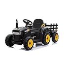 TOBBI 12v Battery-Powered Toy Tractor with Trailer and 35W Dual Motors,3-Gear-Shift Ground Loader Ride On with LED Lights and USB Audio Functions in Black