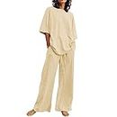 Womens 2 Piece Linen Outfits Tracksuits Lounge Matching Sets Fall Half Sleeve Wide Leg Long Pants Trendy Streetwear
