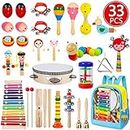 Toddler Musical Instruments, 33 PCS 19 Types Wooden Percussion Instruments Toys for Baby Kids Preschool Education, Early Learning Musical Xylophone Tambourine Drums Toy for Boys and Girls with Storage Backpack By Mibote