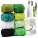 Zlulary 8 Colors Felting Wool, Needle Felting Wool, Wool Roving for Needle Felting, Fibre Wool Yarn Roving with Storage Box, Wool Felt Tools with Felting Needle (Green)