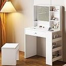 SDHYL Vanity Table Set with Power Outlet, Makeup Vanity Desk with Stool & Mirror,23.6 inch Small White Vanity Table with Drawer and Shelves for Girls