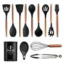 13 Pieces Silicone Kitchen Cooking Utensils Set: Wood Handle Kitchen Spatula Set - Heat Resistant Kitchen Gadgets Tools for Non-Stick Cookware (Black)
