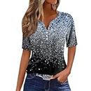 Make A Payment On My Amazon Account Summer Tops for Women 2024 T-Shirt Shirts for Women V Neck Button Blouses for Women Dressy Casual Printed Short Sleeve Tops Loose Tunic X-Large Blue