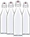 ARUZEN 1 Liter (4 Pack) ROUND Clear Glass Grolsch Flip Top Bottle With Stopper, for Beverages, Smoothies, Kefir, Beer, Soda, Juicing, Kombucha, Water, Milk, Oil and Vinegar (set of 4)