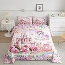 Kids Unicorn Twin Bedding Sets for Girls,Cute Pink Castle Blanket Bed Comforter,Dreamy Rainbow Girls Bedroom Decor,Spring Rose Flowers Duvet Insert,Gifts for 4 Year Old Girl