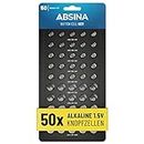 ABSINA 50er Pack Alkaline Knopfzellen Sortiment - 10x AG1 / 15x AG3 / 10x AG4 / 10x AG10 / 5X AG13-1,5V Batterie Sortiment auslaufsicher - Knopfzellen Set gemischt, Batterien Set gemischt