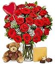 From You Flowers - Two Dozen Red Roses + Heart Balloon + Chocolate + Bear with Glass Vase (Fresh Flowers) Birthday, Anniversary, Get Well, Sympathy, Congratulations, Thank You