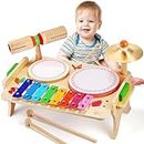 Sweet time Kids Drum Set, Baby Musical Instruments Toys for Toddlers, 7 in 1 Wooden Xylophone Toddler Drum Set Percussion Instruments Musical Toys Birthday Gifts for Children Boys and Girls