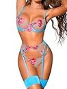 Kaei&Shi Garter Belt Lingerie for Women,Underwire Floral Embroidered Sheer Lace Lingerie,Matching Thong 4 Piece Sexy Lingerie Set Petite Boudoir Sky Blue X-Small