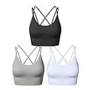SEGRILA Strappy Sports Bras for Women Crisscross Back Yoga Workout Bras with Removable Pads,Black+White+Grey,L