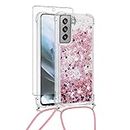 Asuwish Phone Case for Samsung Galaxy S21 FE 5G with Screen Protector and Crossbody Strap Bling Liquid Glitter Clear Slim Protective Cell Cover S 21 EF S21FE5G UW S21FE 21S G5 6.4 inch Women Rose Gold