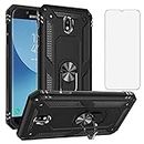 Phone Case for Samsung Galaxy J7 2017/J730f with Tempered Glass Screen Protector Stand Ring Holder Shockproof Silicone Heavy Duty Accessories Magnetic Metal Rugged Rubber SamsungJ7 J 7 Pro Girls Black