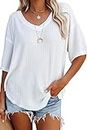 Sweezarmo Womens V Neck T Shirt White Loose Fit Soft Solid Color Basic Waffle Knit Short Sleeve Tunic Tops for Women Medium