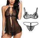Xs and Os Women Open Front Babydoll Nightwear with Lace Bra Panty Lingerie Set Combo (Free Size, Black)