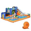 Outsunny Kids Inflatable Water Slide 7-in-1 Bounce House Water Park Jumping Castle with Water Pool, Slide, Soccer Goal, Basketball Hoop, Boxing Post Climbing Walls, & 2 Water Cannons, 450W Air Blower