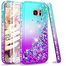 LeYi Galaxy S7 Edge Case with PET Screen Protector [2 pack], Girl Women 3D Glitter Liquid Cute Clear Transparent Silicone Gel TPU Shockproof Phone Cover for Samsung S7 Edge Blue Purple